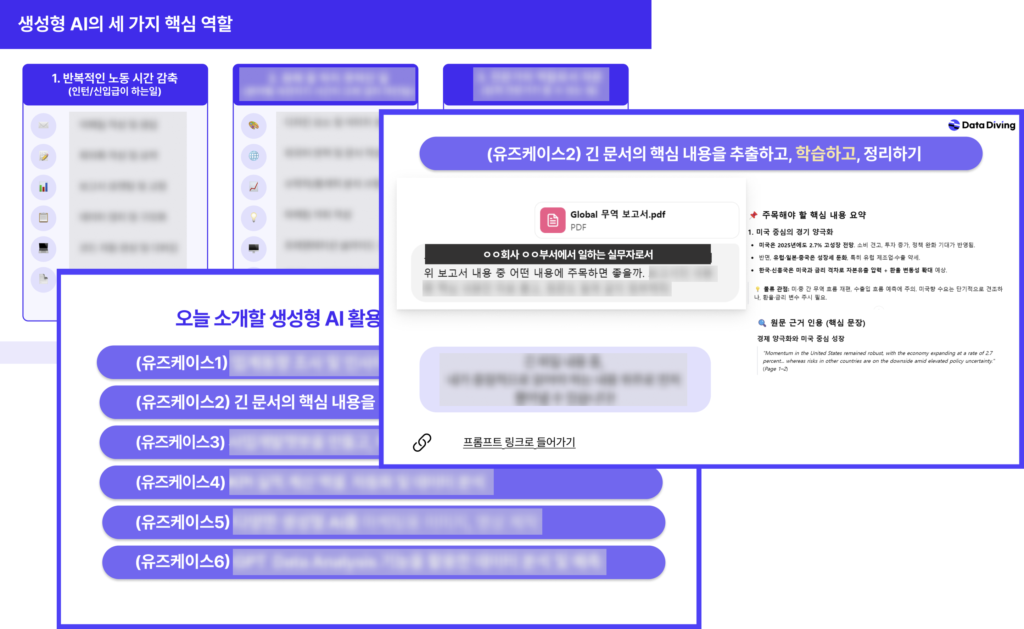 생성형AI 사내교육의 세 가지 방향성을 보여주는 강의 장표
